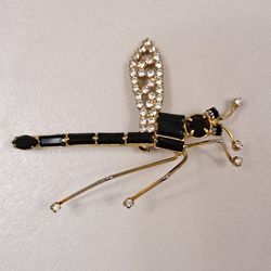 Vtg Dragonfly Brooch Pin Side View Unique w Black & Clear Crystals & Gold Tone