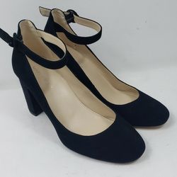 Marc Fisher Womens 9.5 M Black Suede Pumps 4" Block Heels Shoes Buckle Up