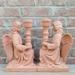 Vintage Terracotta Kneeling Angel Candlestick Holders