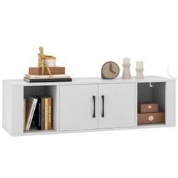 Wall Mounted Storage Cabinet 2 Cube Floating Media Hanging Desk W/2 Doors and 2 Open Shelves, Home Office Furniture for Kitchen, Bathroom, Living Room