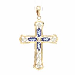 Woman’s Ladies 14k Yellow Gold 1.75” Inch LeVian Natural Tanzanite Diamond .07 CTW Cross Pendant for Necklace GP3139794