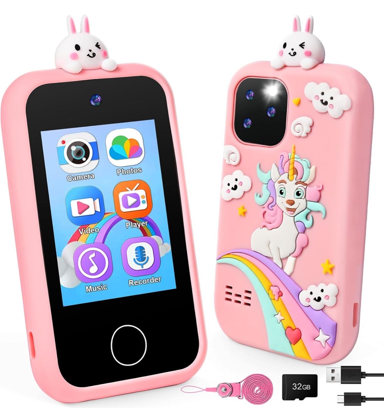 Kids Smart Phone Toys for Girls, 2.8" Touchscreen MP3 Music Player Story Alphabet Learning Cell Phone with Dual Camera 32G Card Phones 