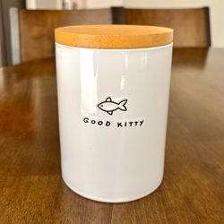 Stoneware Cat Treat Jar with “Good Kitty” Graphic and Bamboo Lid