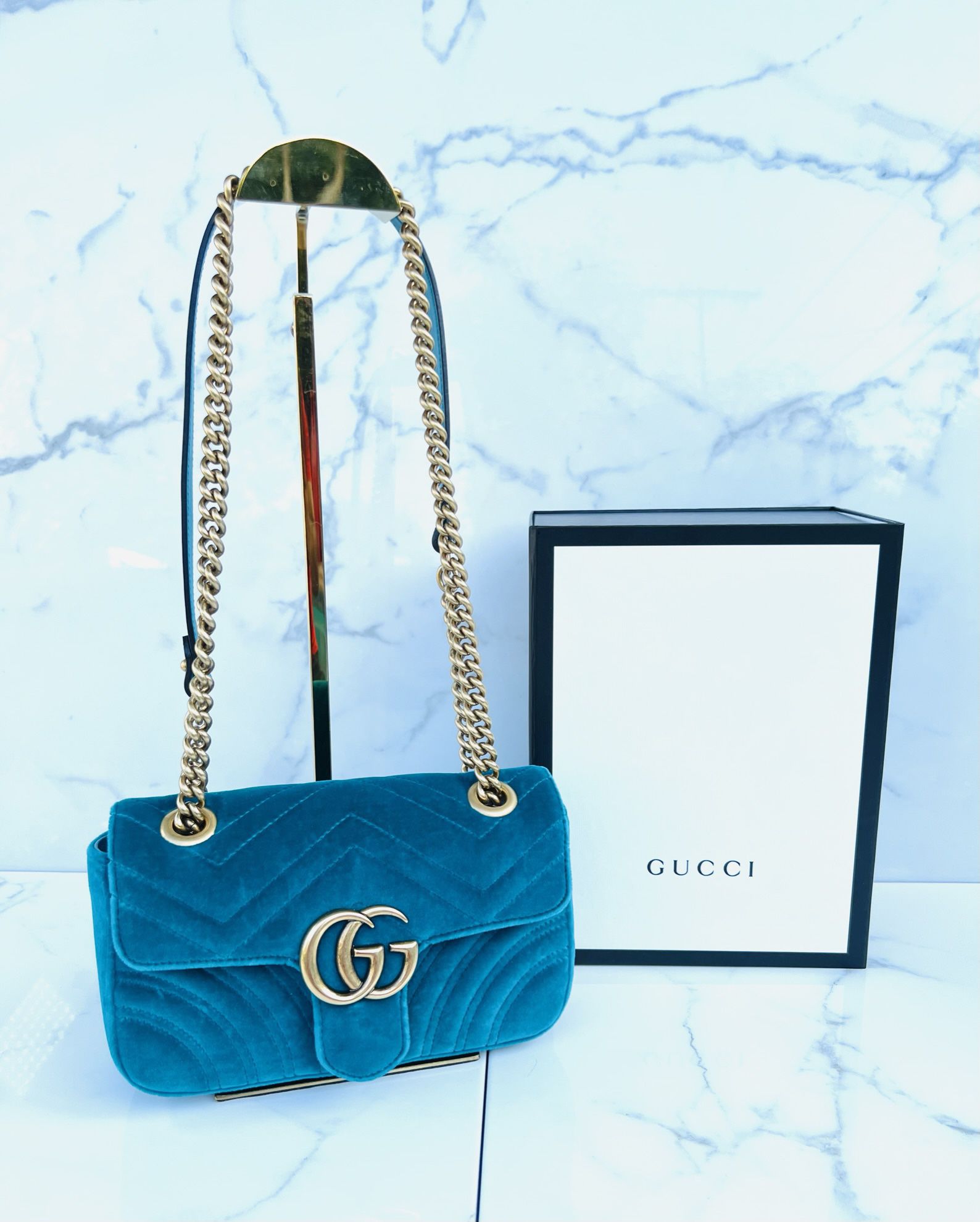 💯% Authentic Gucci Marmont Velvet In Petrol Blue