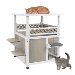 2-Story Weatherproof Wooden Cat House with Balcony