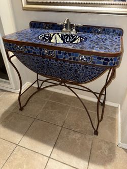 👀✨Mediterranean Blue Mosaic Bathroom Vanity with Iron Stand OBO