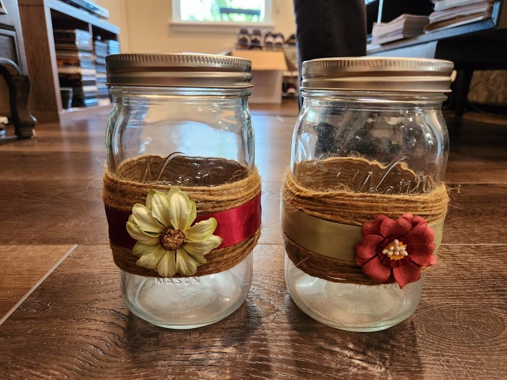 2 Natural Jute Cord flower decorative mason jars, 7 inch Height