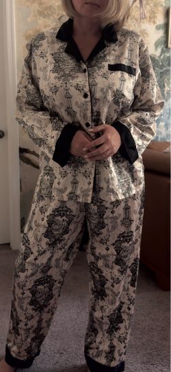 Robert Louis Silk Pajama Set Women L Black Ivory Asian Chinoiserie Print 2 Piece