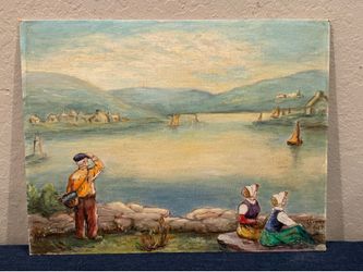 Vintage Midcentury Scandinavian Fjord Scene Oil Painting signed "Crews"