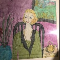 50x 40 PAINTING ON SILK OF A LADY SITTING AT THE TABLE 