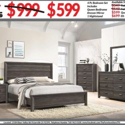 4pc Bedroom Set $599 Queen $699 Eastern King Includes bedframe Dresser mirror nightstand Gray Rustic Bedroom Set