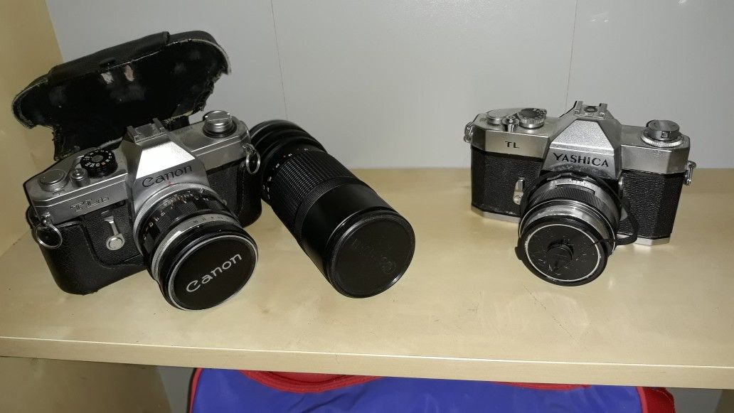 Old Yashica and Canon SLR cameras