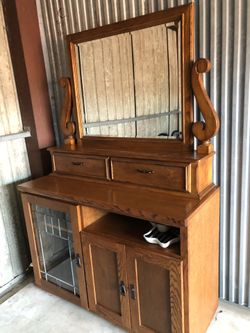 Antique Tiger Oak Server or Storage with Mirror and Beautiful Glass Panel Door On Wheels