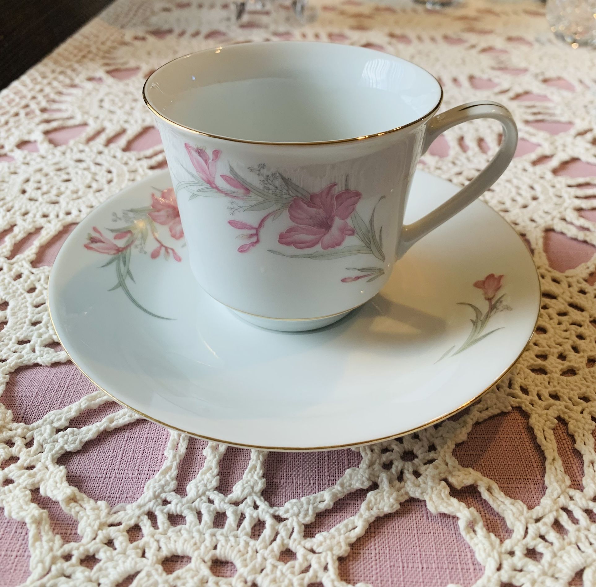 Vintage Pink Iris Tea Cup and Saucer Porcelain China Pink & Green with 22k Gold Trim