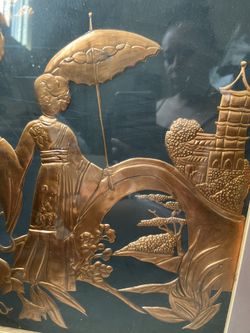 Vintages Antique Japanese Geisha Raised Copper Etching Framed  