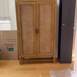 Pottery Barn Cane And Wood Armoire/bar Cabinet 