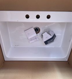 Sinkology Parker 34 in White Fireclay Farmhouse Sink, Drop-In, 4-Hole | Quick-Fit apron front, no countertop replacement, 9 in deep single bowl, fits 