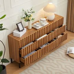 Fluted 9 Drawer Dresser 59" Wide Boho Chest of Drawers - Natural