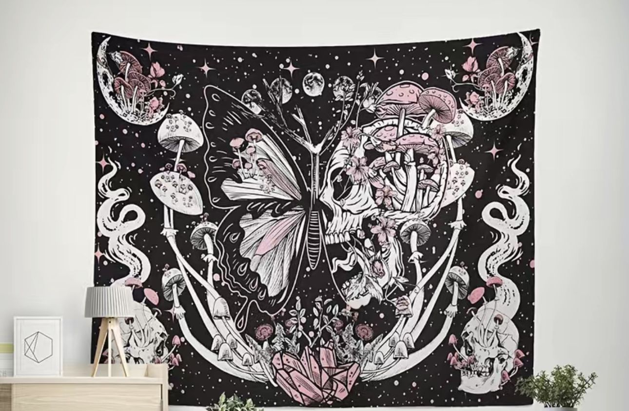 1pc Mushroom Skull Wall Art Decor Tapestry, Butterfly Flower Moon Pattern Tapestry, Wall Hanging For Living Room Bedroom Dorm Room, With Free Installa