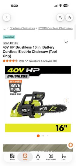 Ryobi 40V HP Brushless 16 in. Battery Cordless Electric Chainsaw (Tool Only) new