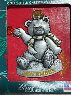 Gloria Duchin Ornament October Bear Birthstone Pewter yellow Stone November