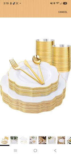 175pcs white and gold plastic disposable dinnerware for 25 guests (firm price)