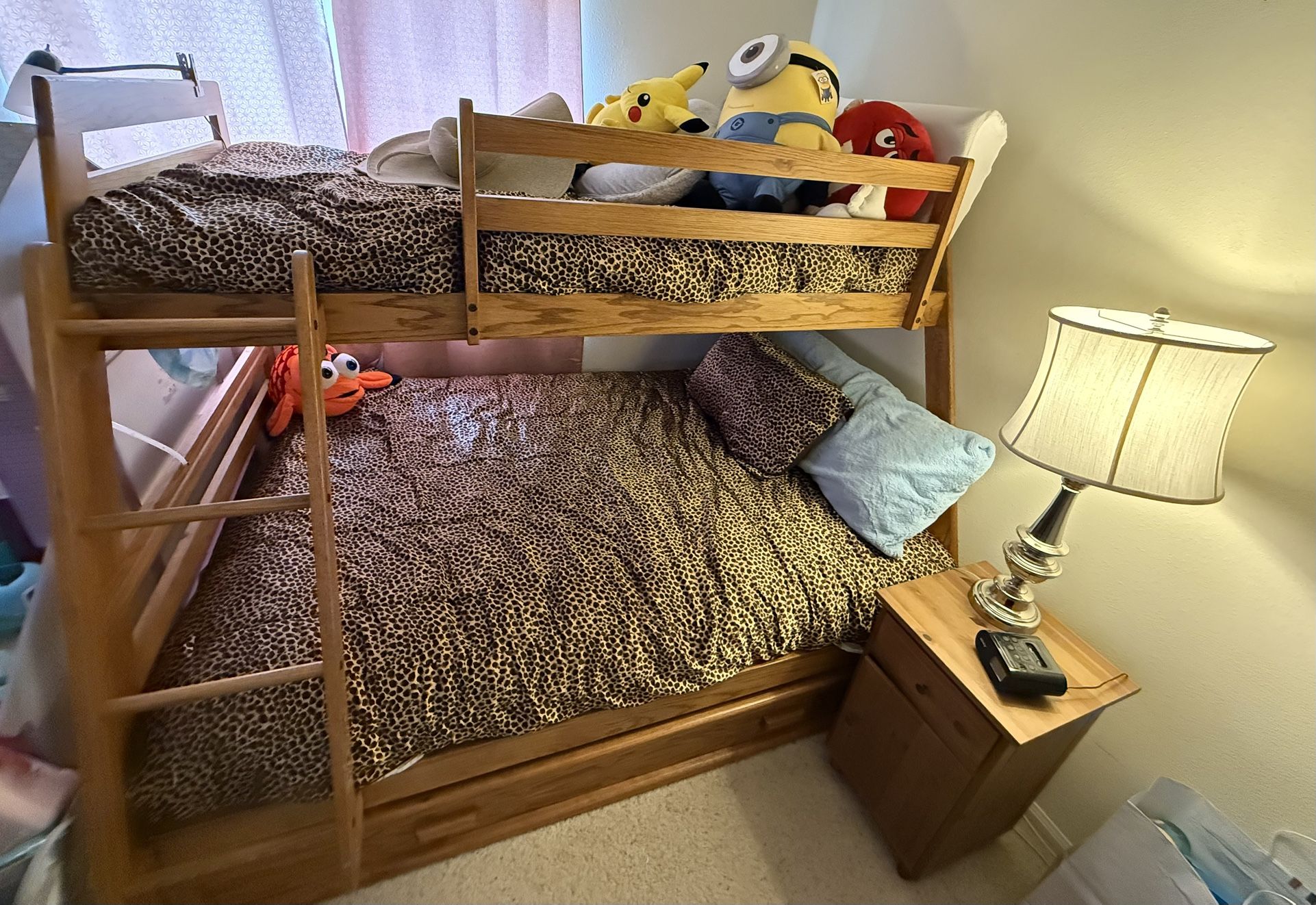 Oak Wood Full Over Twin Bunk Bed with Stairway Chest Drawer Storage Unit .