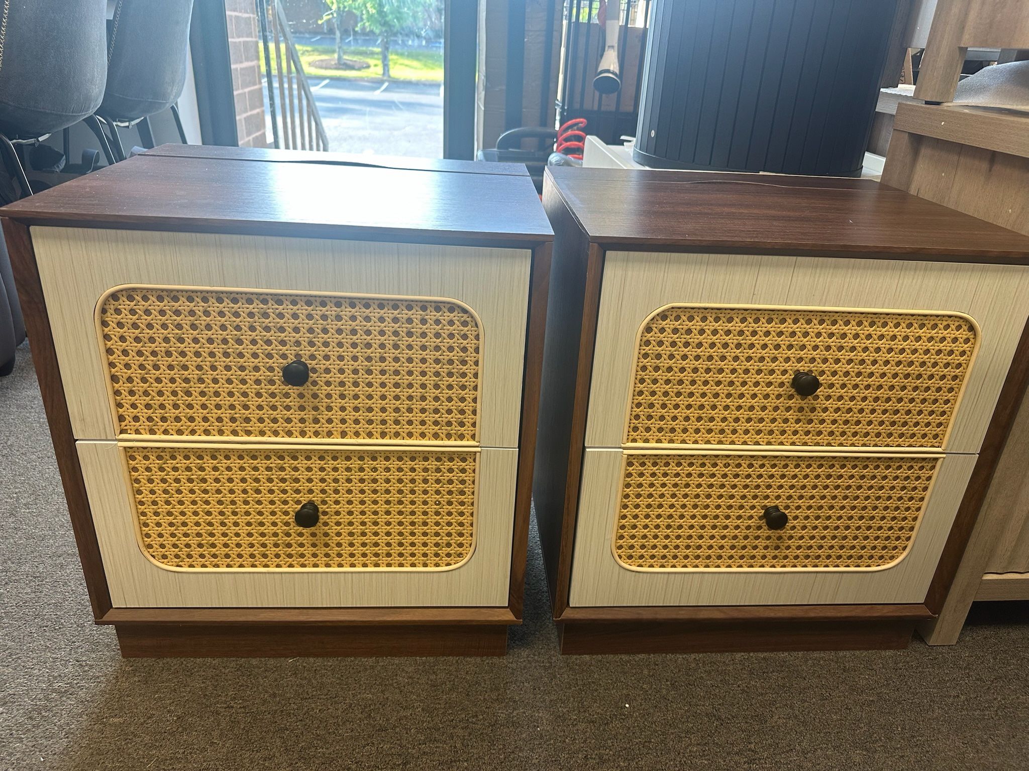 Modern Nightstand with Charging Station,Bedside Table with 2 Rattan Drawers,Boho Side Table Set Of 2