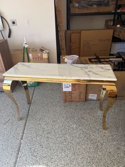 Chino Hills pick up,W50”x D16.5”x H30.5”Entryway Tables Narrow Entry Table with 0.71" Thick Marble Tabletop and Gold Mirrored S-Shape Stainless Steel 
