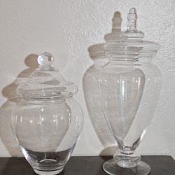Pair Of Clear Glass Apothecary Storage Jars With Lids