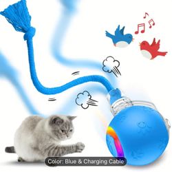 1pc Interactive Automatic Cat Ball Toy with Tail & Bird Call Sounds, blue color
