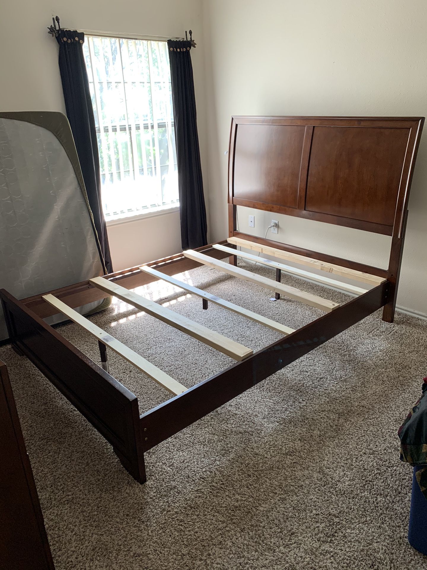 Queen Size sleigh bed frame with matching dresser and mirror