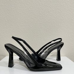 Vía Spiga Paisley Black Patent Leather Sling back Heels