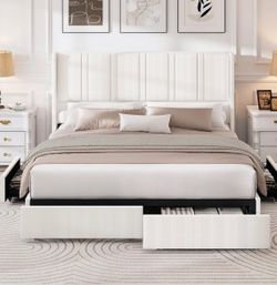 Queen Size Upholstered Storage Bed Frame with Wingback Headboard