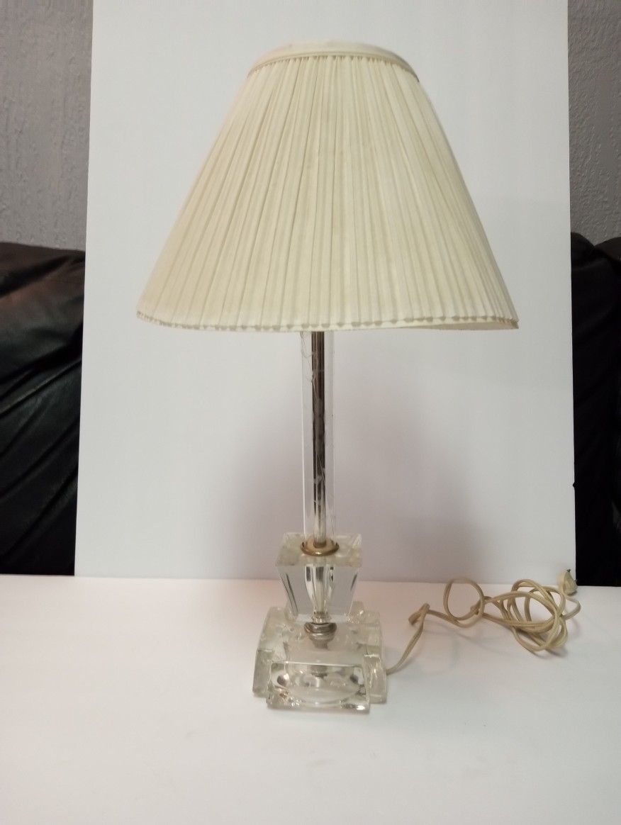 Antique Vintage Clear Glass Floral Etched Boudoir Bed Table Lamp Etched Mid Century 