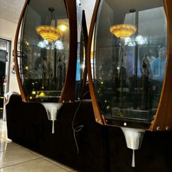 Pair Of Vintage Mid-Century Modern Smoked Acrylic, Walnut and Chrome Pendant Light