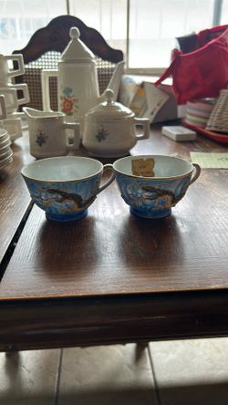 2 Tea Cups Blue China With Dragon Logo