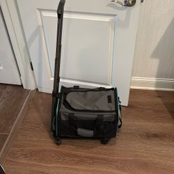 Grey Pet Carrier With Removable Wheels And Hand Truck 