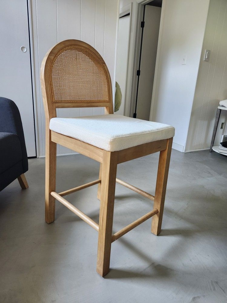 Nathan James Bailey Upholstered Rattan Bar Stool in Oak Finish Frame, Counter Height Stool