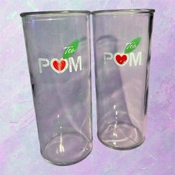 Vintage Set of 2 POM Tea 16oz Clear Glasses w/ Heart & Green Leaf Logo 6.5" Tall
