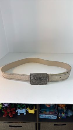 NWT True Religion Studded Western Belt Large Plaque Buckle Beige/cream