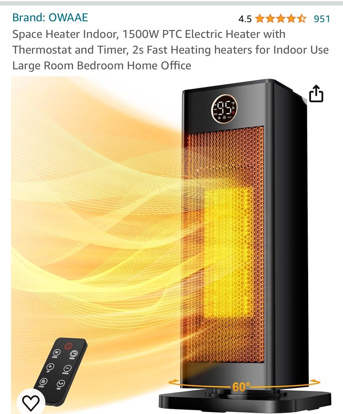 Space Heater 1500 PTC Electric Heater 