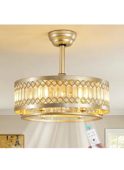 Brand New Crystal Fandelier Ceiling Fan with Light 20 Inch Gold Caged Ceiling Fan with Remote Semi-Flush Downrod Modern Farmhouse Chandelier Fan Light