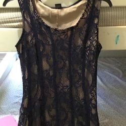 Tan with Dark Blue Detail Long Dress