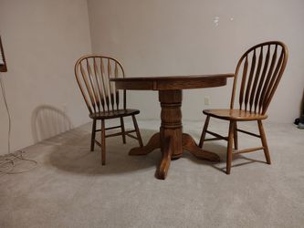 Oak kitchen table and two chairs
