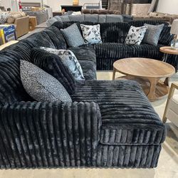 Corduroy Black Fluffy Oversized Sectional Couch 