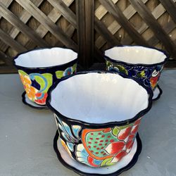 3 New Talavera Blue Handpainted Flower Pots With Attached Saucer on
