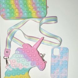 Rainbow Unicorn Pop-It Tactile Sensory Toy Set Bag Phone Case Ages 4-11