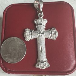 925 Sterling Silver Diamond Cut Cross Pendant, Hallmarked 1 Of A Kind 925, Large Bale , 2.5 In. Including Bale 