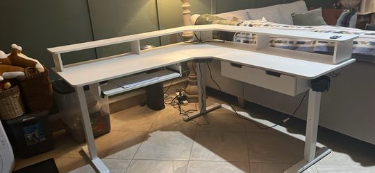 Height Adjustable Corner Gaming Desk with Drawer, Keyboard Tray, Power Outlets & LED Lights, Computer Desk w/ Monitor Shelf